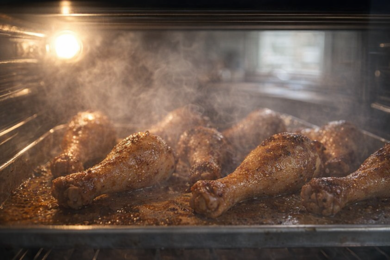 Action shot of chicken drumsticks baking in the oven, close-up view through the oven door, golden brown color, visible steam, bright oven light